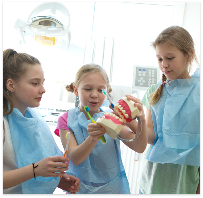 Three kids playing with model of teeth at family dentist in Cottonwood Heights